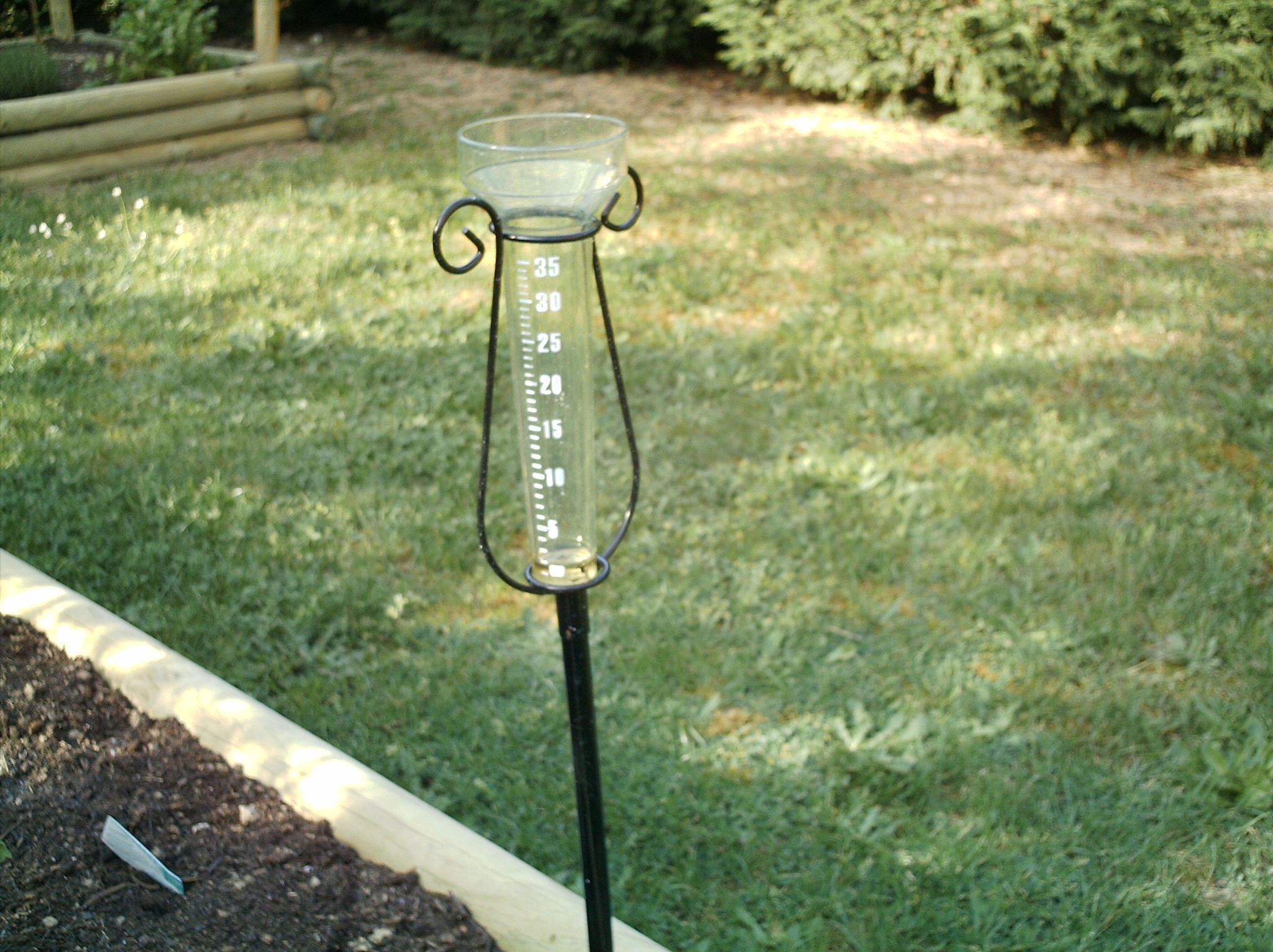 La imagen muestra un pluviómetro de vidrio en un jardín