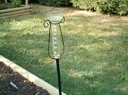 Pluviómetro de cristal en un jardín.