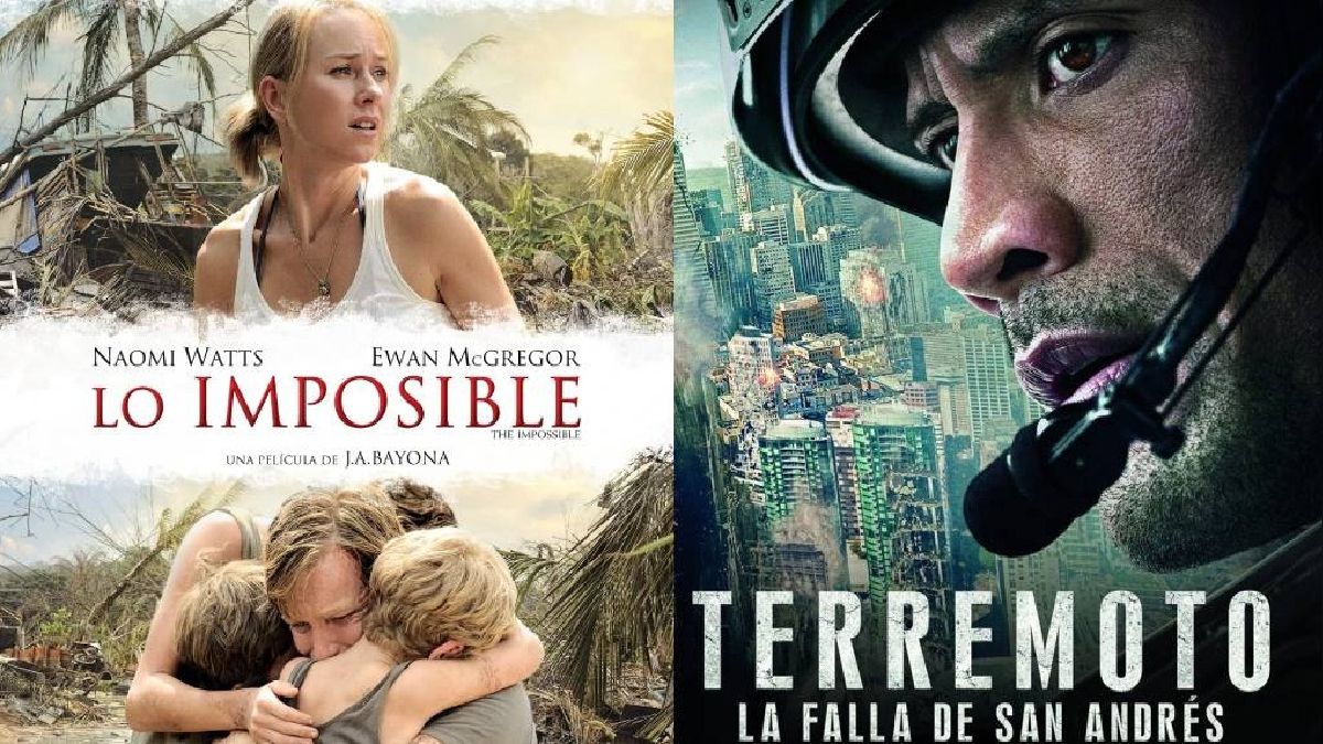 La imagen muestra los carteles de dos películas:Lo imposible y Terremoto, la falla de San Andrés