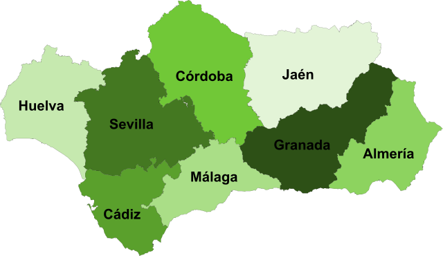 La imagen muestra un mapa político de Andalucía