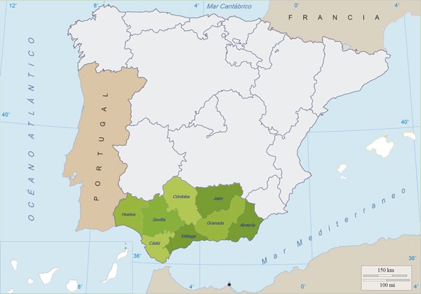 Mapa político de España en el que se resalta la comunidad de Andalucía