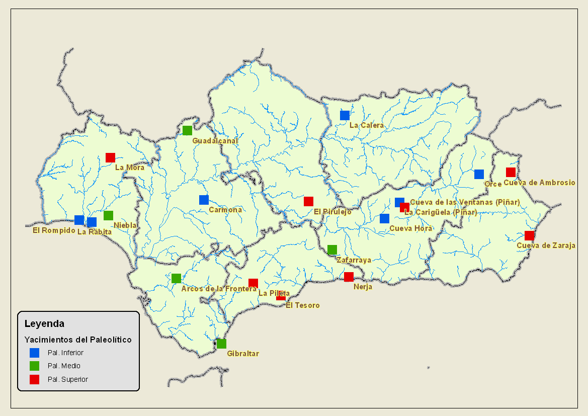 En la imagen se muestra un mapa de Andalucía en el que se representan con colores los yacimientos del Paleolítico.