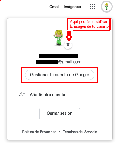 Ventana de gestión de datos de la cuenta google