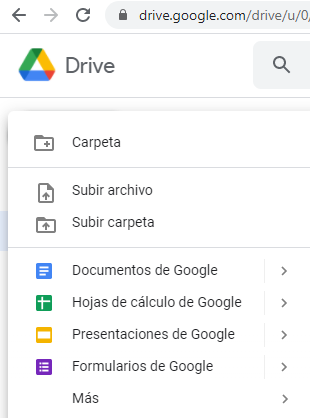 Visualización de la zona de Drive donde se permite crear y subir documentos