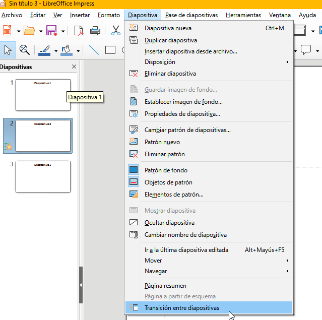 Ventana para insertar transición en una diapositiva